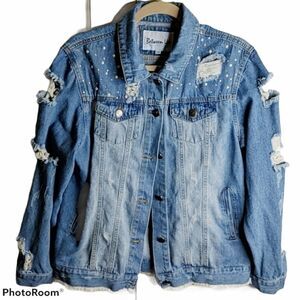 ❤️Between Us Distressed Denim pearl beaded Trucker Jacket